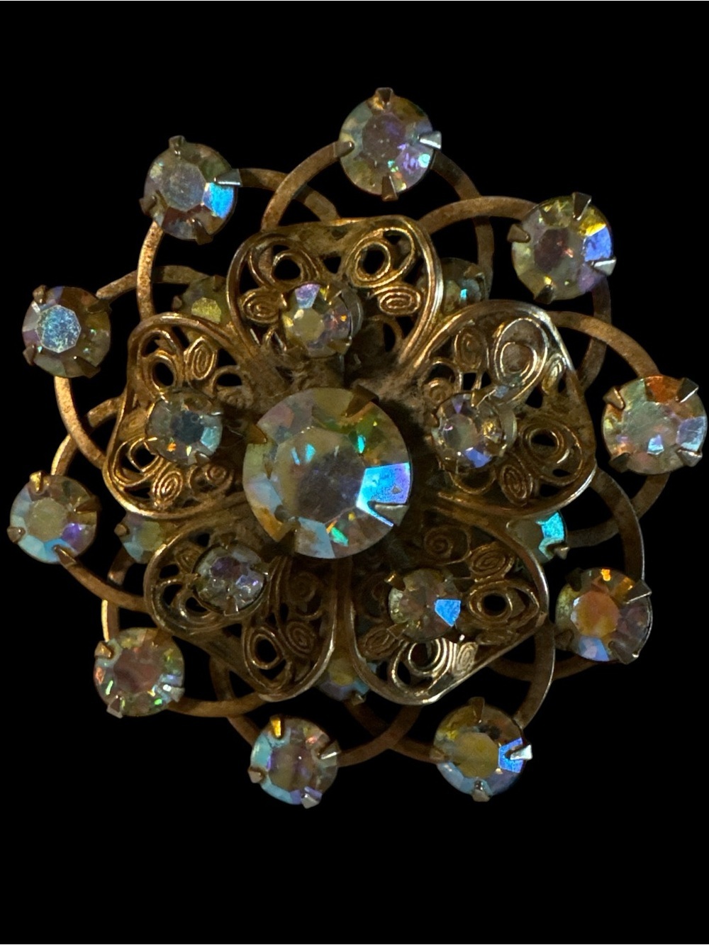 Aurora Borealis Rhinestone Floral Brooch - Gold Tone (1960’s ish)
